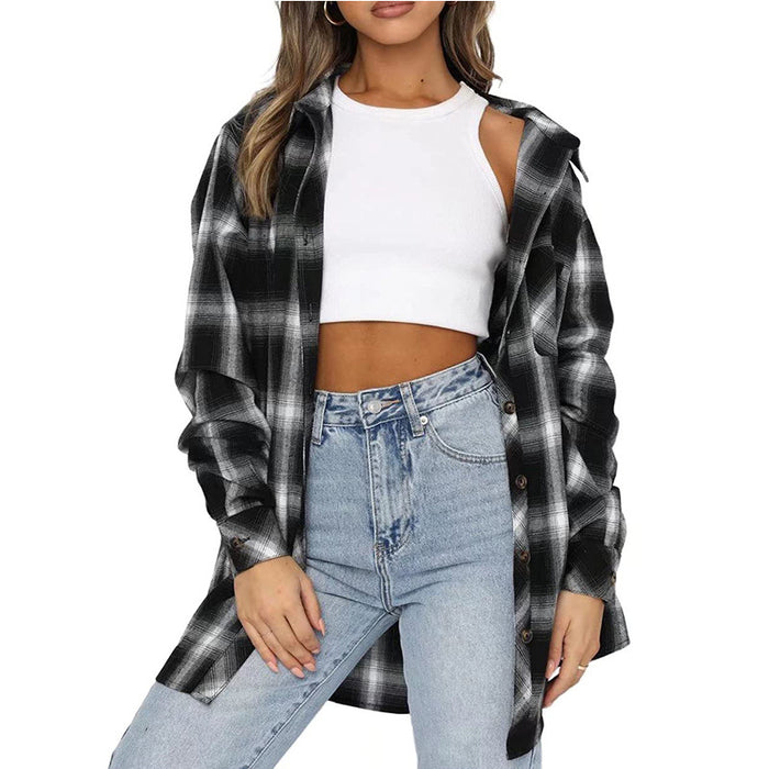 Women Autumn Winter Women Casual Pocket Loose Plaid Shirt