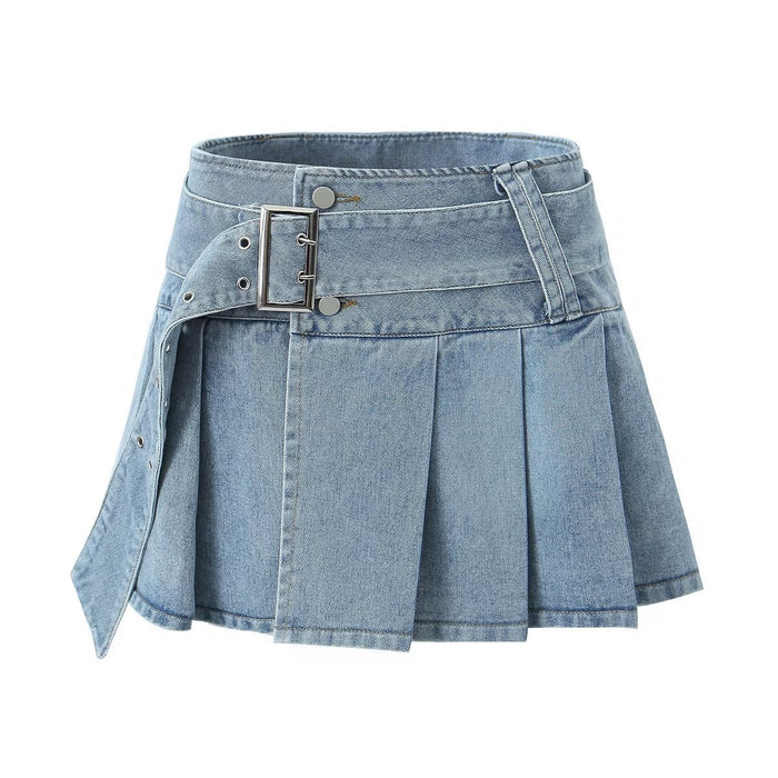 Summer Pleated Denim Skirt Belt Sexy Skirt