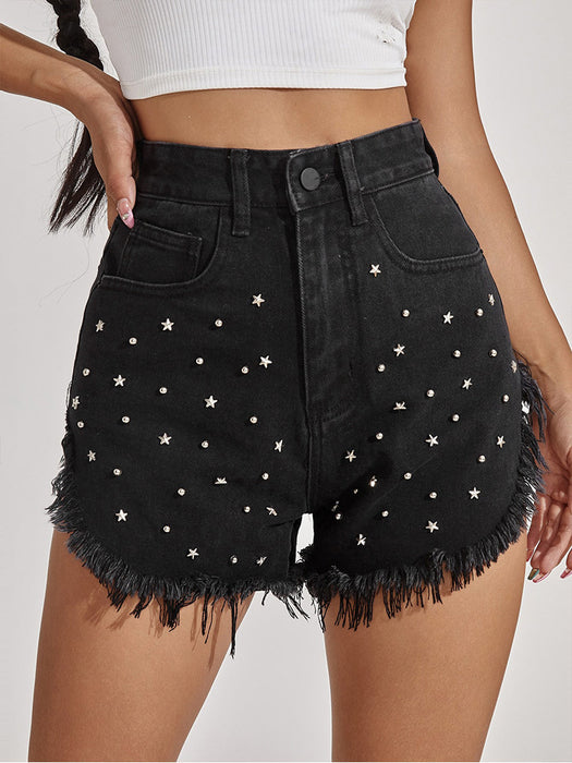 Black Denim Shorts Women Raw Hem High Waist Summer Women Denim Shorts