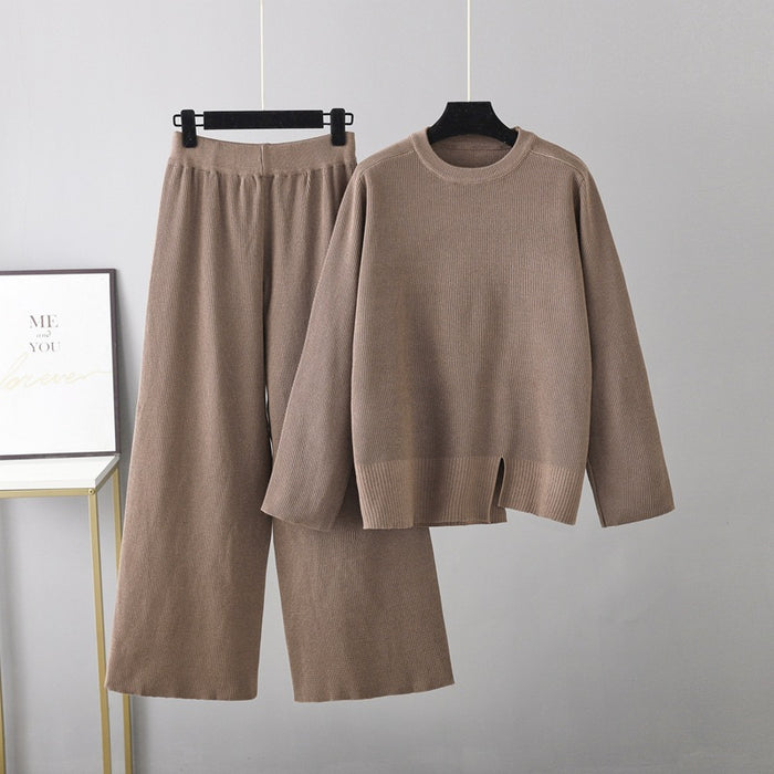 Korean Sweater Suit Women Autumn Winter Loose Comfortable Knitwear Casual Wide Leg Pants two piece set