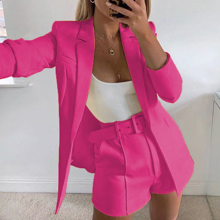 Top Shorts Suit with belt Sexy Women Casual Polo Collar Cardigan