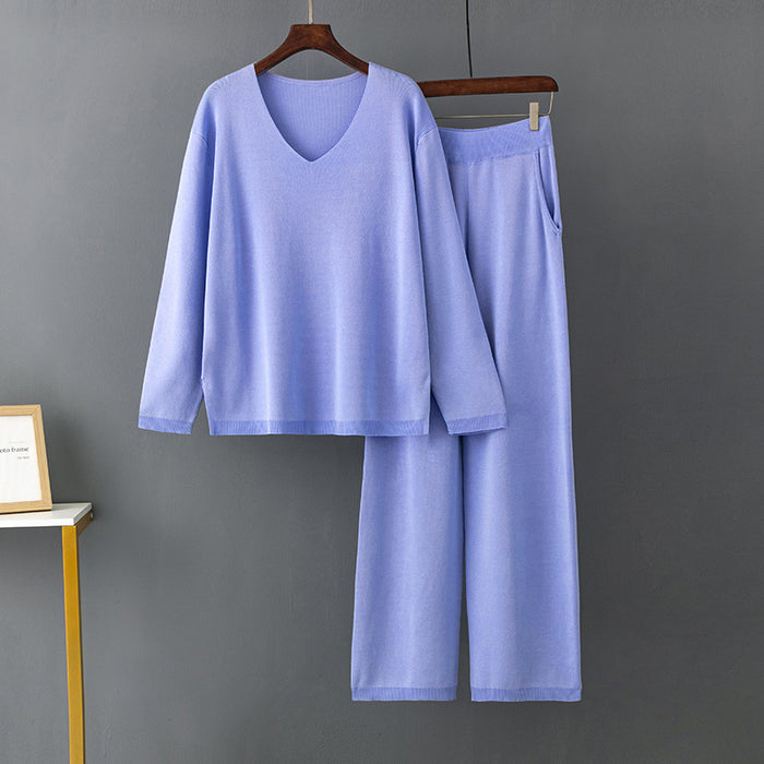 Solid Color V neck Ice Silk Suit Spring Autumn Loose High Waist Casual Two Piece Sweater