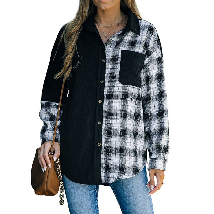 Cardigan Top Women Spring Autumn Single Breasted Plaid Contrast Color Corduroy Long-Sleeved Shirt for Women