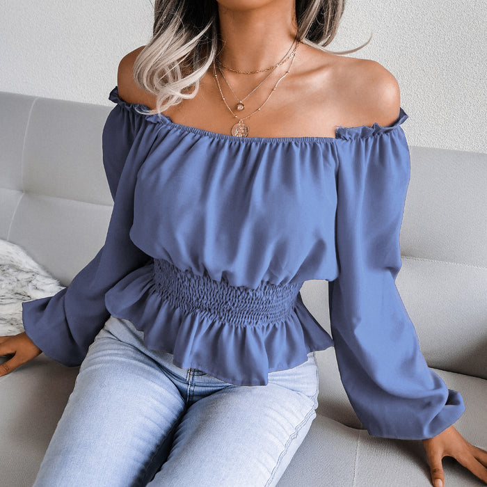 Real Shot Autumn Winter Sexy Off Shoulder Off Shoulder Hem Ruffled Chiffon Shirt Top Women Clothing