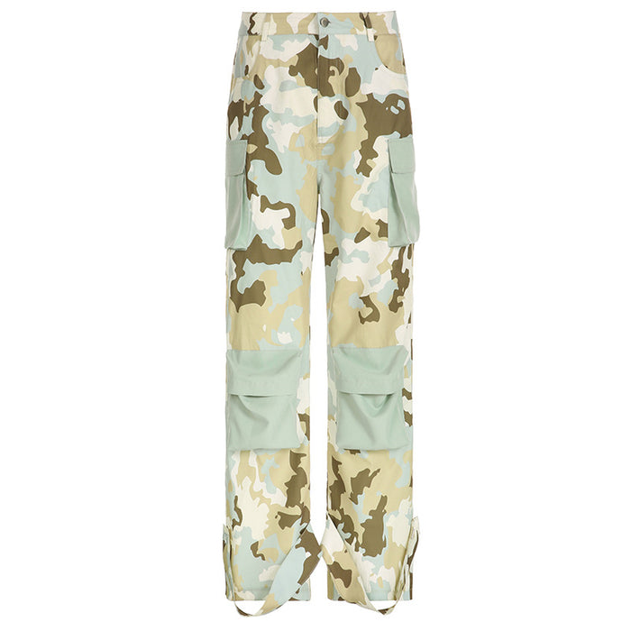 High Waist Loose Straight Camouflage Print Stitching Multi Pocket Street Tooling Woven Casual Trousers