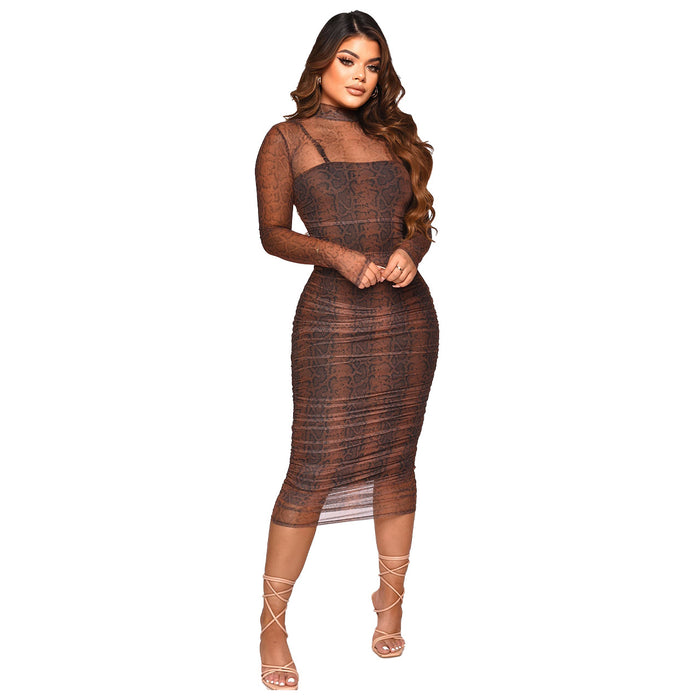 Women Clothing See through Mesh Camisole Printed Sexy Dress Two Piece Set