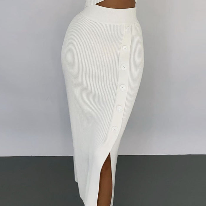 Autumn Winter Slit Woolen Skirt Deep V Plunge Plunge High Elastic Sweater Setfor Women