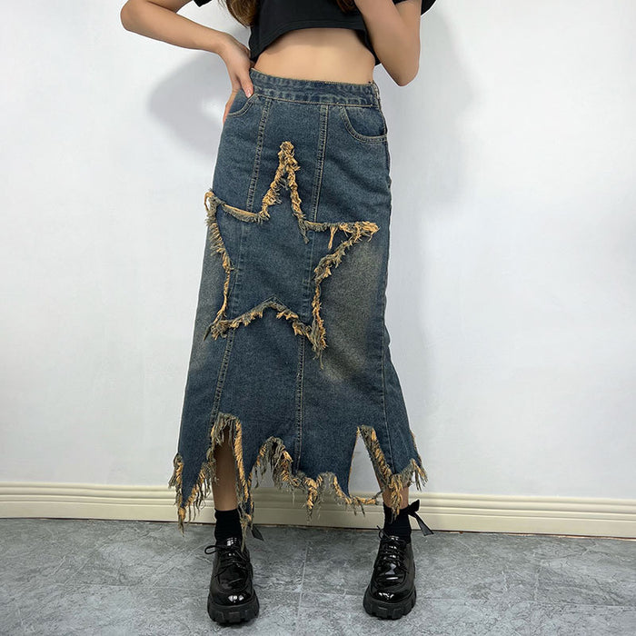 Retro High Waist Irregular Asymmetric Skirt for Women Autumn Sexy A line Slimming Long Denim Skirt