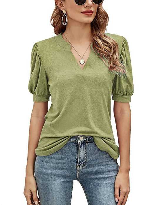 Top Summer Casual V-neck Solid Color Puff Sleeve Loose T-shirt for Women