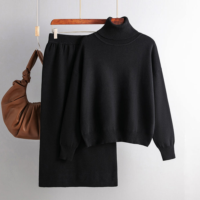 Solid Color Turtleneck Sweater Sheath Skirt Two Piece Set Autumn Winter Knitting Suit Women