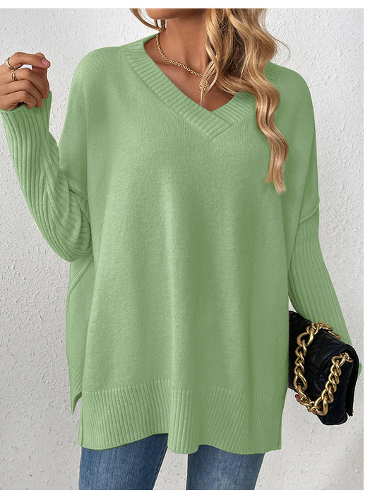 Autumn Winter Pullover Sweater Idle V neck Casual Stitching Long Sleeved Sweater for Women