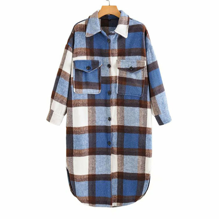 Women Casual Plaid Loose Long Sleeves Long Woolen Coat Overcoat