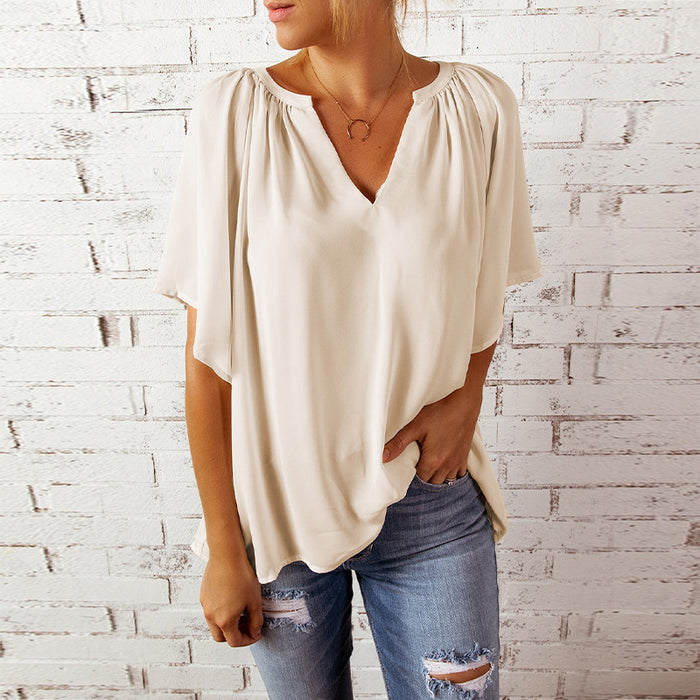 Spring Summer Summer New Loose Half Sleeve T-shirt Ladies V-neck Pullover Top