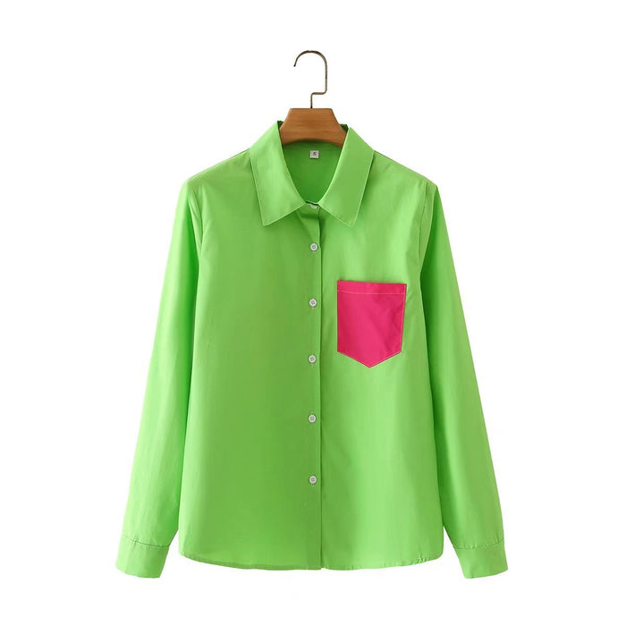 Polo Collar Long Sleeve Single Breasted Color Contrast Patchwork Shirt Top