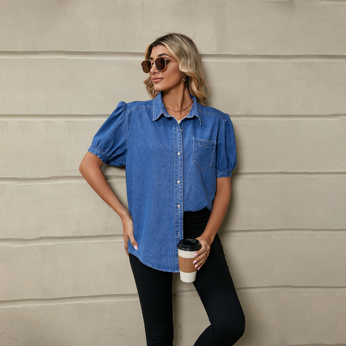 Collared Thin Denim Shirt Casual Top Trendy Women