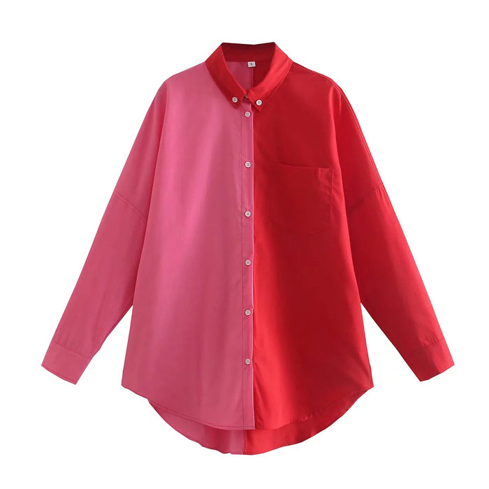 Spring  Contrast Color Shirt Single Breasted Long Shirt