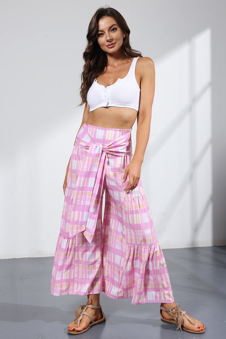 Summer New Digital Printing Women Clothing Loose Casual Cropped Pants Beach Wide-Leg Pants Lace-up Pants