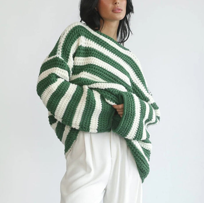 Autumn Winter Coat Loose off Shoulder Striped Long Sleeved Knitted Pullover Casual Sweater for Women