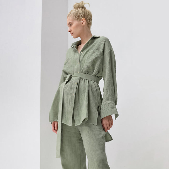 Autumn Double Layer Crepe Pajamas Women Lace up Shirt Pajama Pants Two Piece Solid Color Loose Home Wear Can Be Worn outside