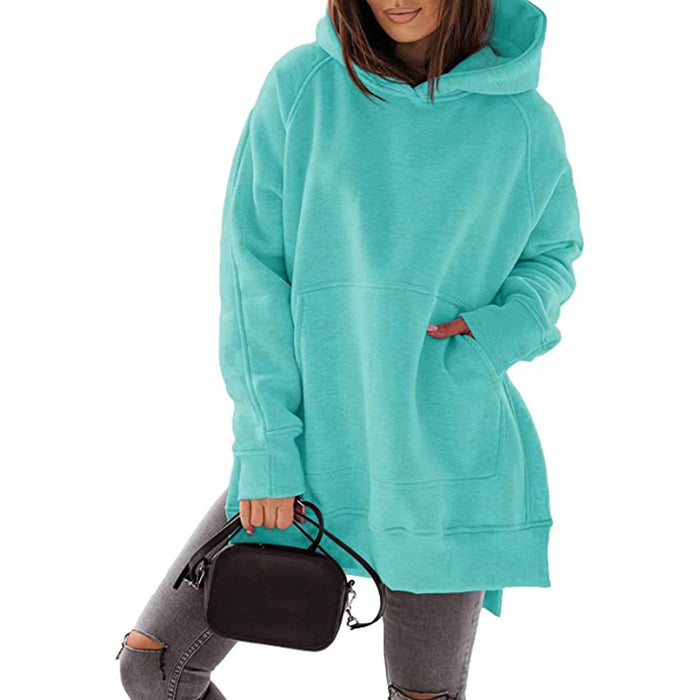 Women Clothing Long Sleeve Round Neck Fleece Lined Solid Color Pocket Loose Fitting Hoodie Long Sleeve