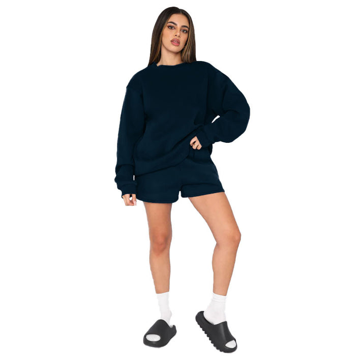 Cotton Autumn Winter Solid Color round Neck Pullover Long Sleeve Sweater Women Casual Shorts Set