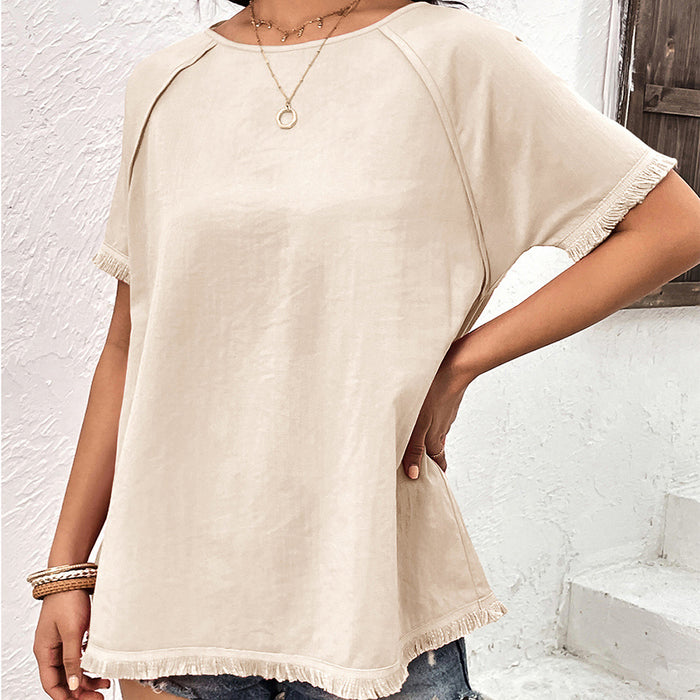 Summer Women Clothing Round Neck Tassel Stitching Loose Casual Top