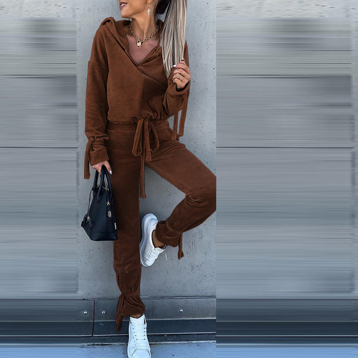 Autumn Winter Women Clothing Loose Pleuche Long Sleeve Hooded Sweater Trousers Set