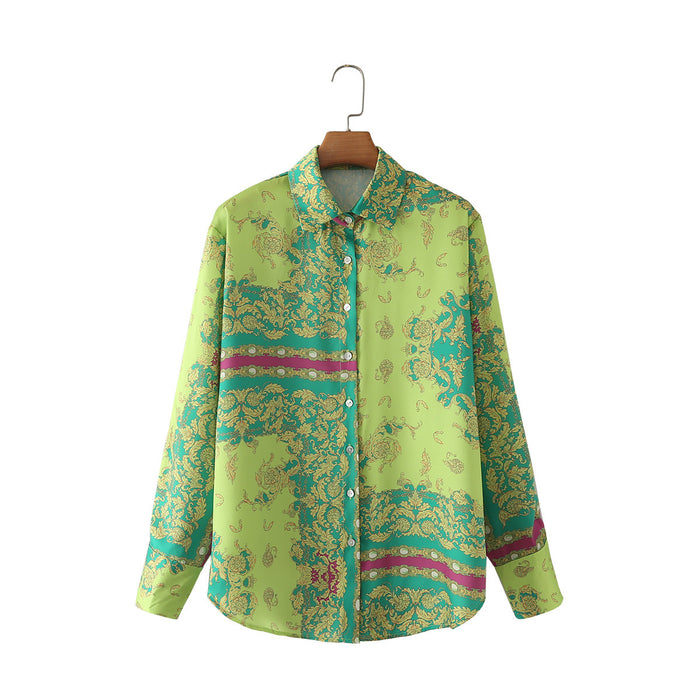 Summer New Fashion Retro Collared Single Breasted Green Long-Sleeved Shirt Women