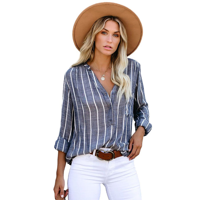 Autumn Women Striped Shirt Loose Single-Breasted Long Sleeve Top