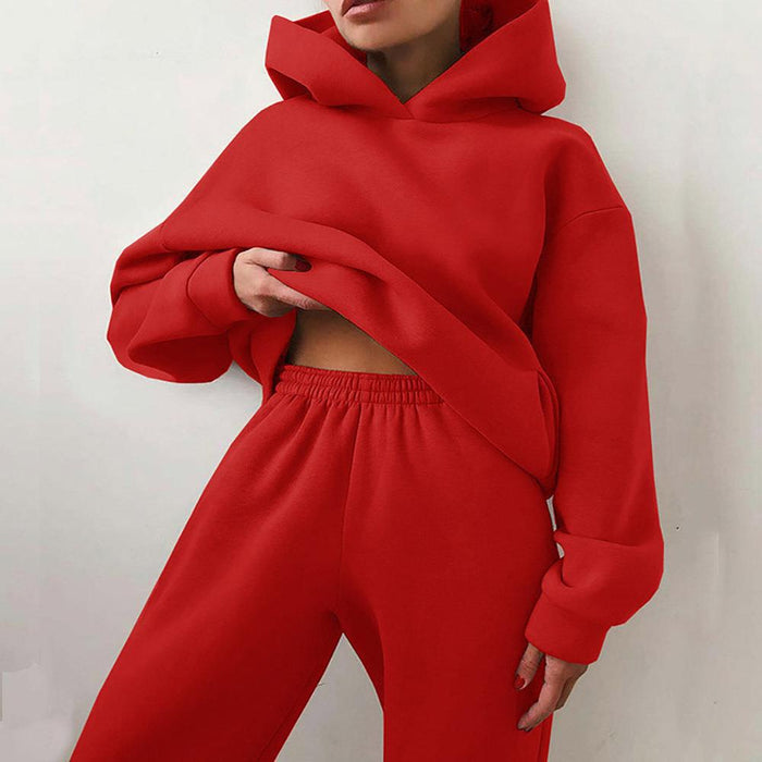 Autumn Winter Women Clothing Solid Color Trousers Thickened Long Sleeve Hooded Sweater Casual Set