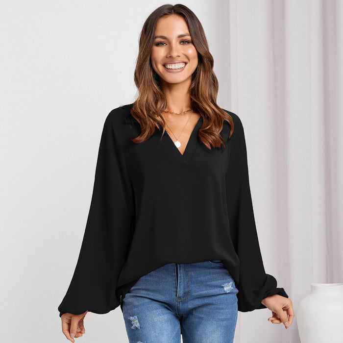 Shirt Women Solid Color V-neck Shirt Niche High-End Shirt