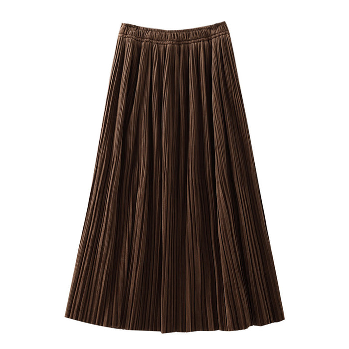 Autumn Winter Thickening Gold Velvet Pleated Skirt for Women Retro Easy Matching Vertical Stripes Large Swing Casual Dress