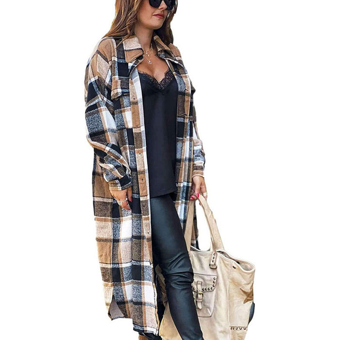 Autumn Winter Long Trench Coat Side Slit Collared Slim Women Woolen Plaid Coat