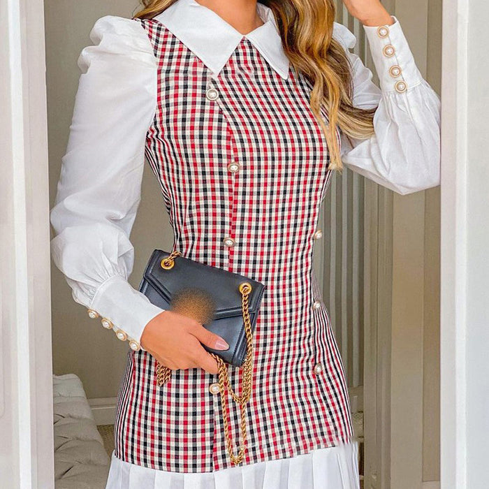 Fall Women Clothing Elegant Shirt Collar Houndstooth Pleated Dress