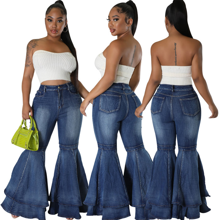 All Match Wide Leg Washed Denim Stretch Flared Pants