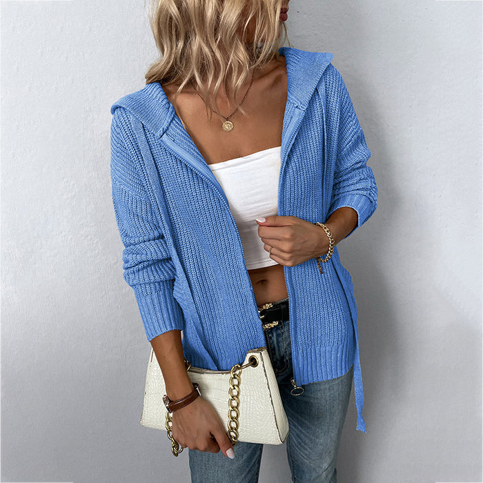 Solid Color Hooded Zipper Knitwear Autumn Winter Drawstring Pocket Sweater Women Cardigan Coat