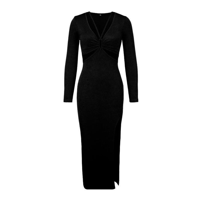 Autumn Winter Dress Sexy V Neck Solid Color High Slit Slimming Dress