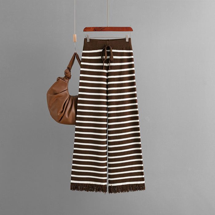 Autumn Winter Striped Wide Leg Pants High Waist Drooping Loose Knitted Mop Straight Wool Casual Pants