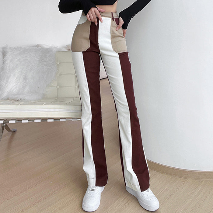 Straight Leg Pants Women Autumn Personal Casual Colorblock All Matching Distressed High Waist Jeans