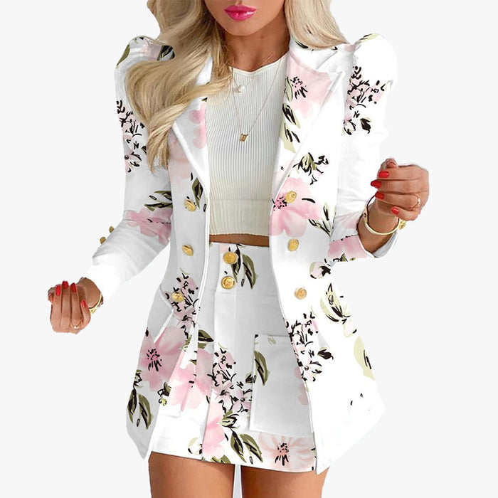 Autumn Winter Women Clothing Printing Princess Sleeves Office Slim Fit Short Skirt Set