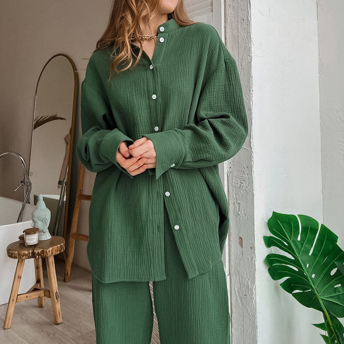 Autumn Shirt Pajamas Double Crepe Loose Long Sleeve Trousers Fashionable Support Outer Wear Ladies Homewear