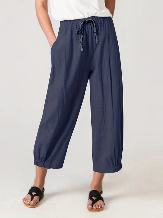 Summer Cropped Pants Pocket Casual Pants Women Loose Wide Leg Pants outside