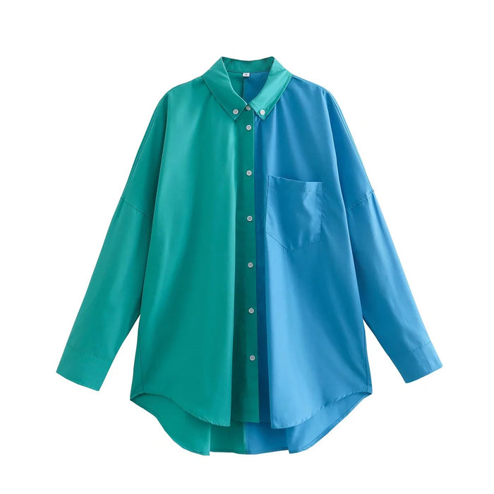 Spring  Contrast Color Shirt Single Breasted Long Shirt