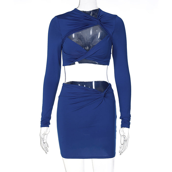 Women  Clothing Autumn Sexy Hollow Out Cutout out Long Sleeve Top Slim Skirt Set