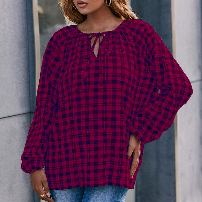 Casual Long Sleeved Plaid V neck Shirt Loose Plaid Overshirt Women