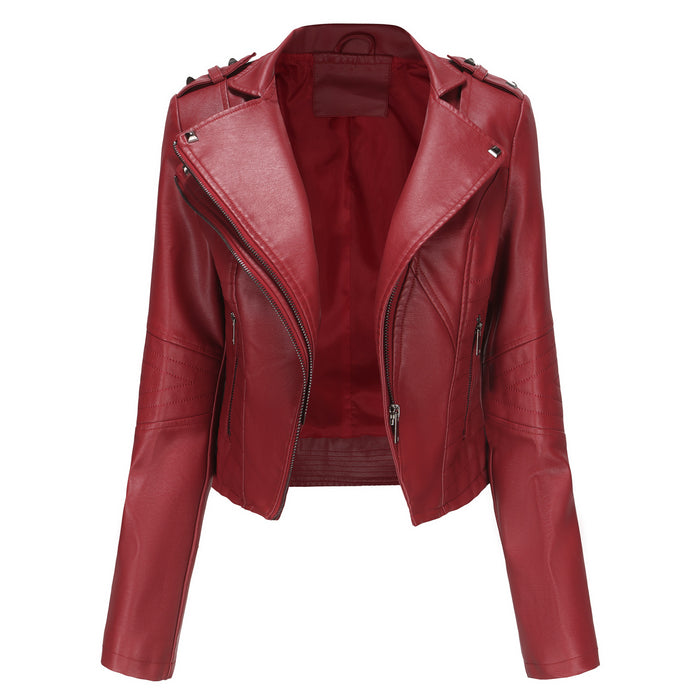 Slim Fit Long Sleeved Spring Autumn Leather Jacket Women Rivet Popular Short Jacket Zipper Leather Jacket