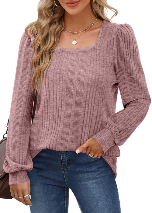 Temu Autumn Winter Women Sunken Stripe Square Collar Casual Long Sleeve Top