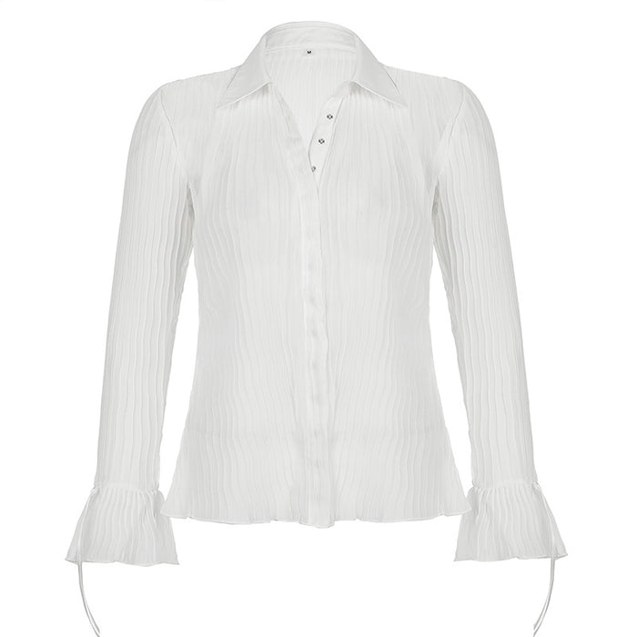 Autumn Winter Women Clothing White See Through Slim Fit Waist Single Breasted Horn Pleating Long Sleeve Retro Shirt