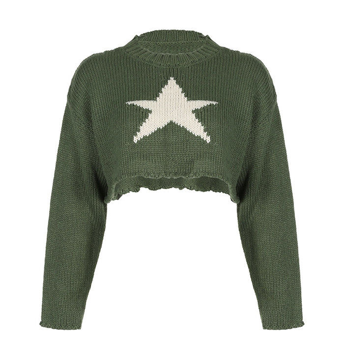 Casual Idle Five Pointed Star Sweater Color Contrast Short Cropped round Neck Pullover Loose Knit Tops Outerwear