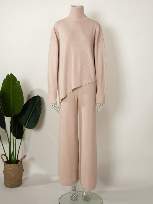 Half Turtleneck Irregular Asymmetric Sweater Suit Elegant Beveled Sweater Knitted Wide Leg Pants